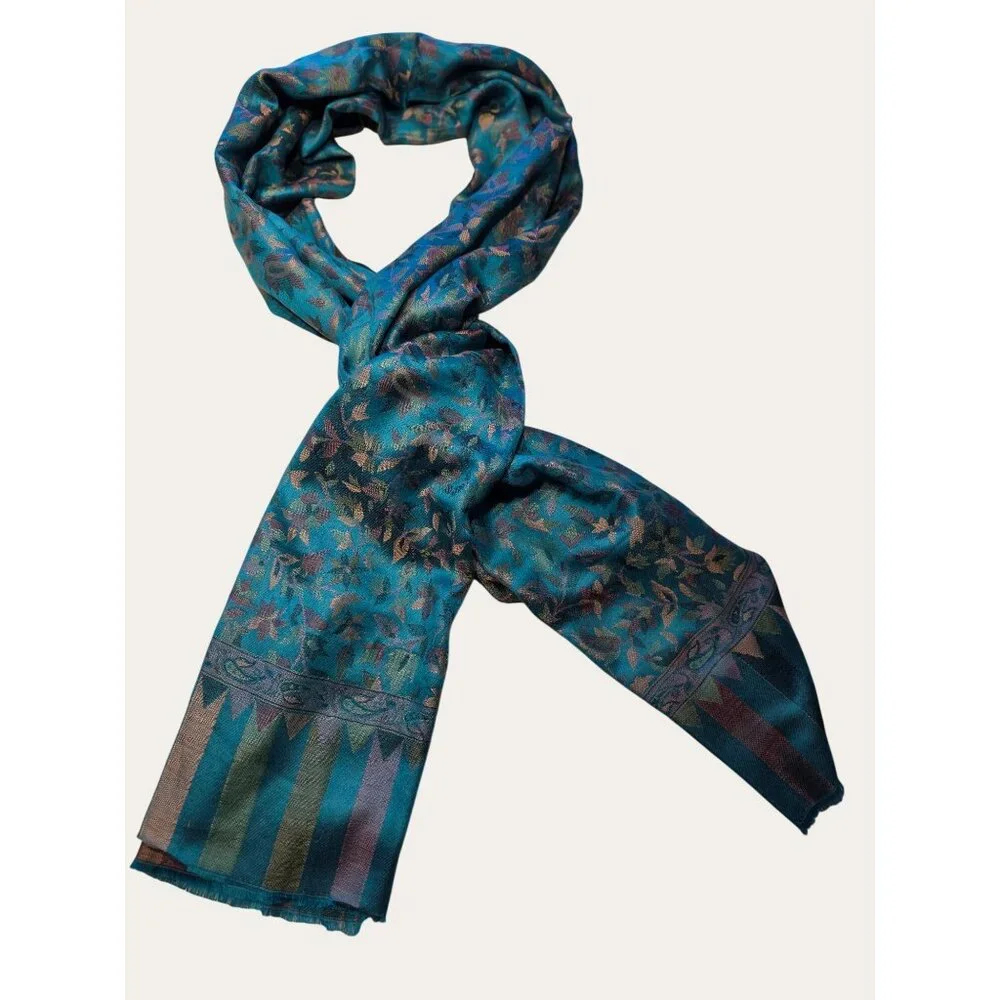 Teal Floral Woven Scarf with Frayed Edge